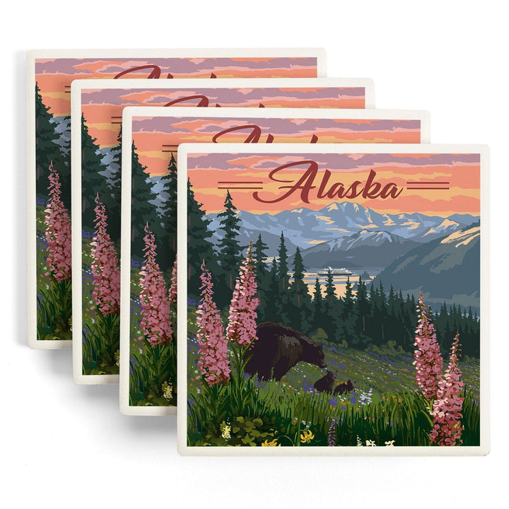 Alaska, Bear & Spring Flowers, Cruise Ship, Lantern Press Artwork, Coaster Set Coasters Lantern Press 