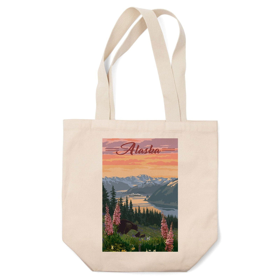 Alaska, Bear & Spring Flowers, Cruise Ship, Lantern Press Artwork, Tote Bag Totes Lantern Press 