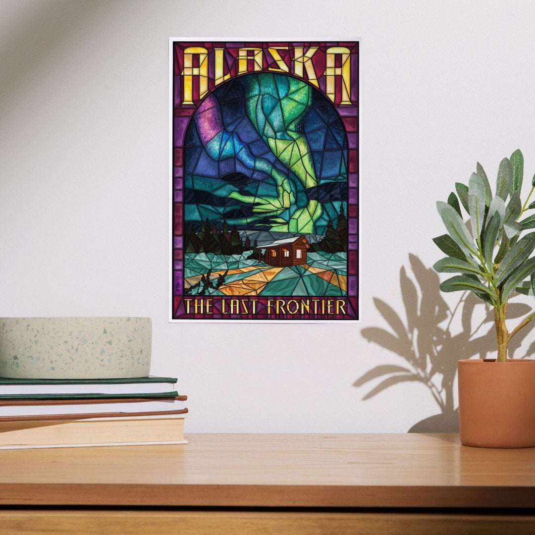 Alaska, Cabin and Northern Lights Stained Glass, Art & Giclee Prints Art Lantern Press 