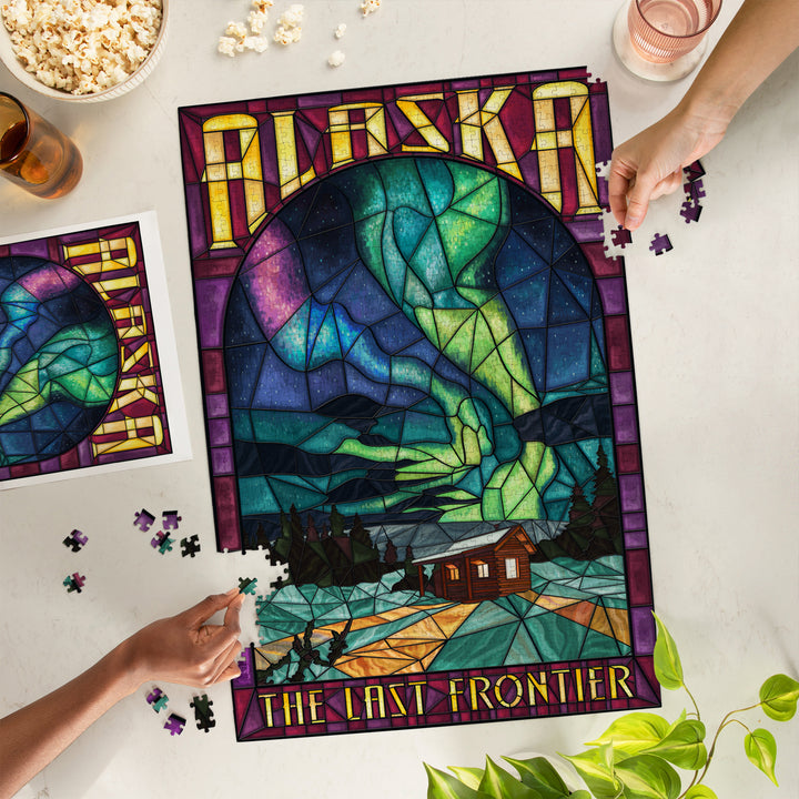 Alaska, Cabin and Northern Lights Stained Glass, Jigsaw Puzzle Puzzle Lantern Press 