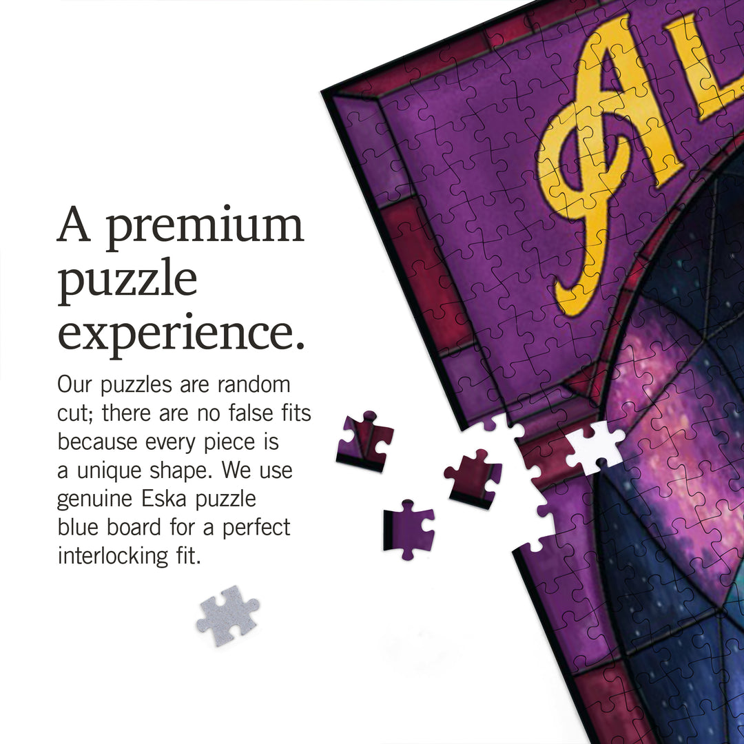 Alaska, Cabin And Northern Lights, Stained Glass, Jigsaw Puzzle Puzzle Lantern Press 