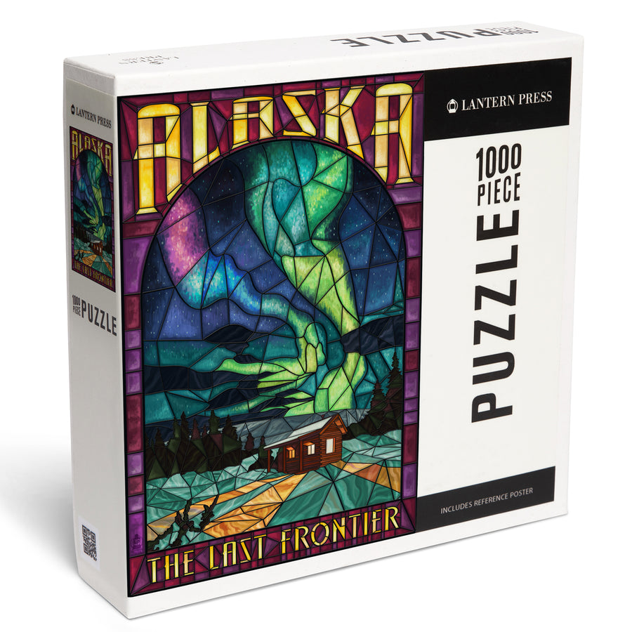 Alaska, Cabin and Northern Lights Stained Glass, Jigsaw Puzzle Puzzle Lantern Press 