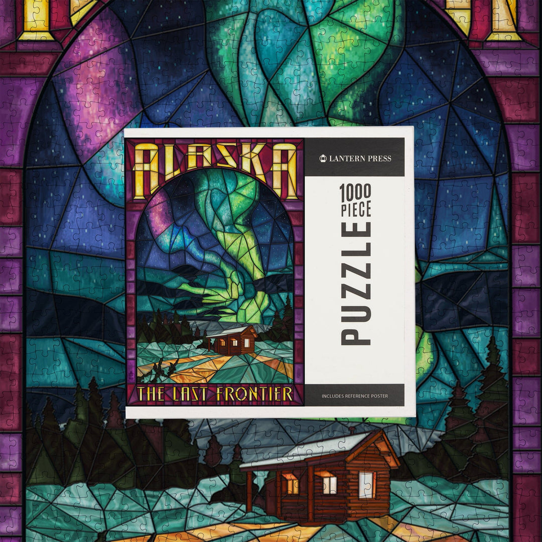 Alaska, Cabin and Northern Lights Stained Glass, Jigsaw Puzzle Puzzle Lantern Press 