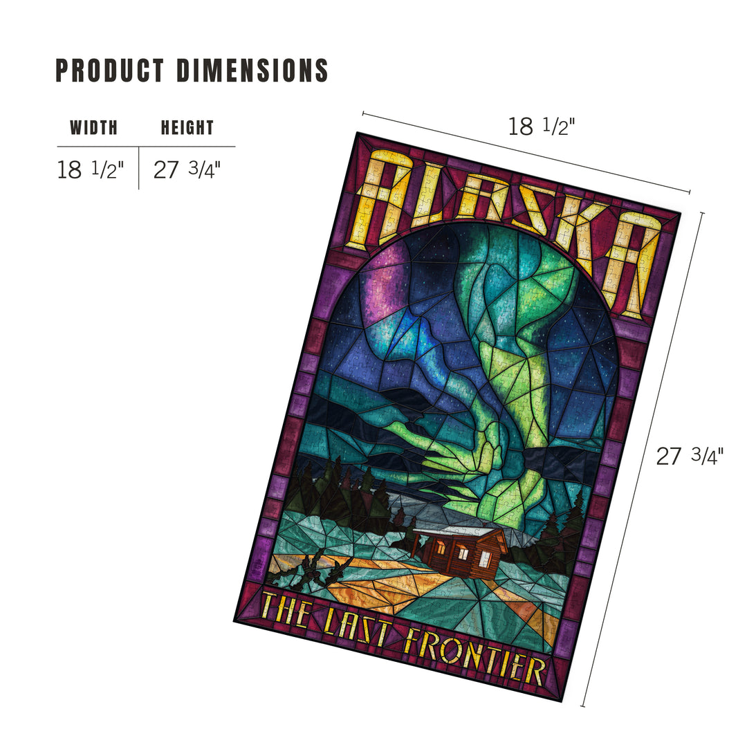 Alaska, Cabin and Northern Lights Stained Glass, Jigsaw Puzzle Puzzle Lantern Press 