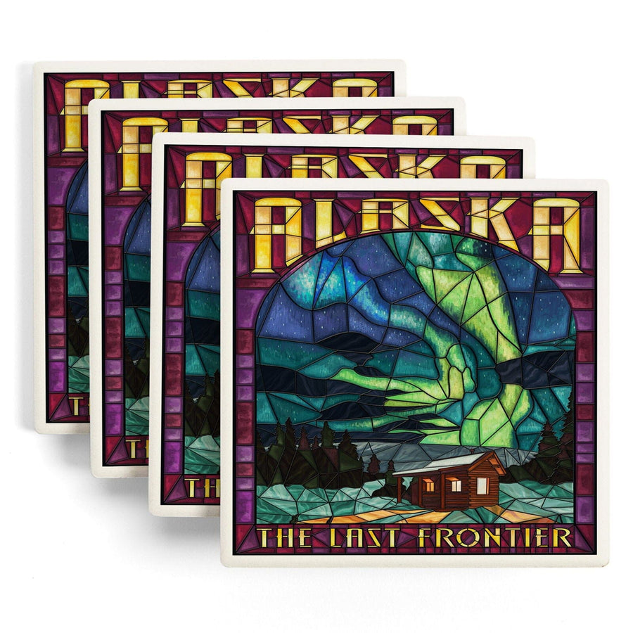 Alaska, Cabin & Northern Lights Stained Glass, Lantern Press Artwork, Coaster Set Coasters Lantern Press 