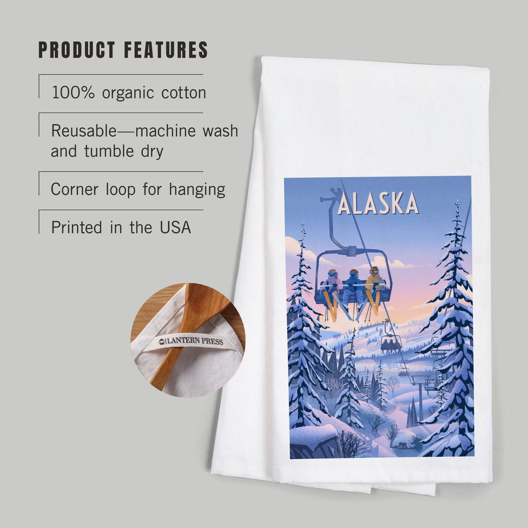 Alaska, Chill on the Uphill, Ski Lift, Organic Cotton Kitchen Tea Towels Kitchen Lantern Press 