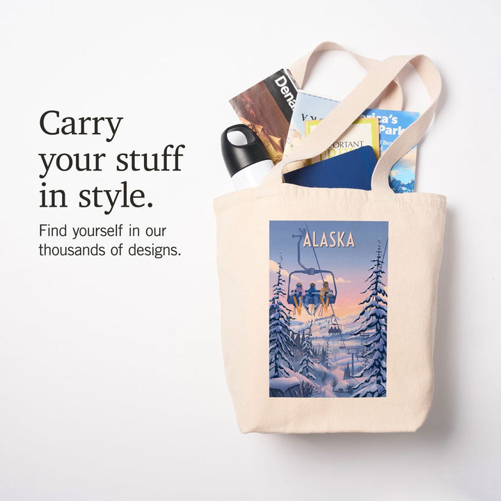 Alaska, Chill on the Uphill, Ski Lift, Tote Bag Totes Lantern Press 