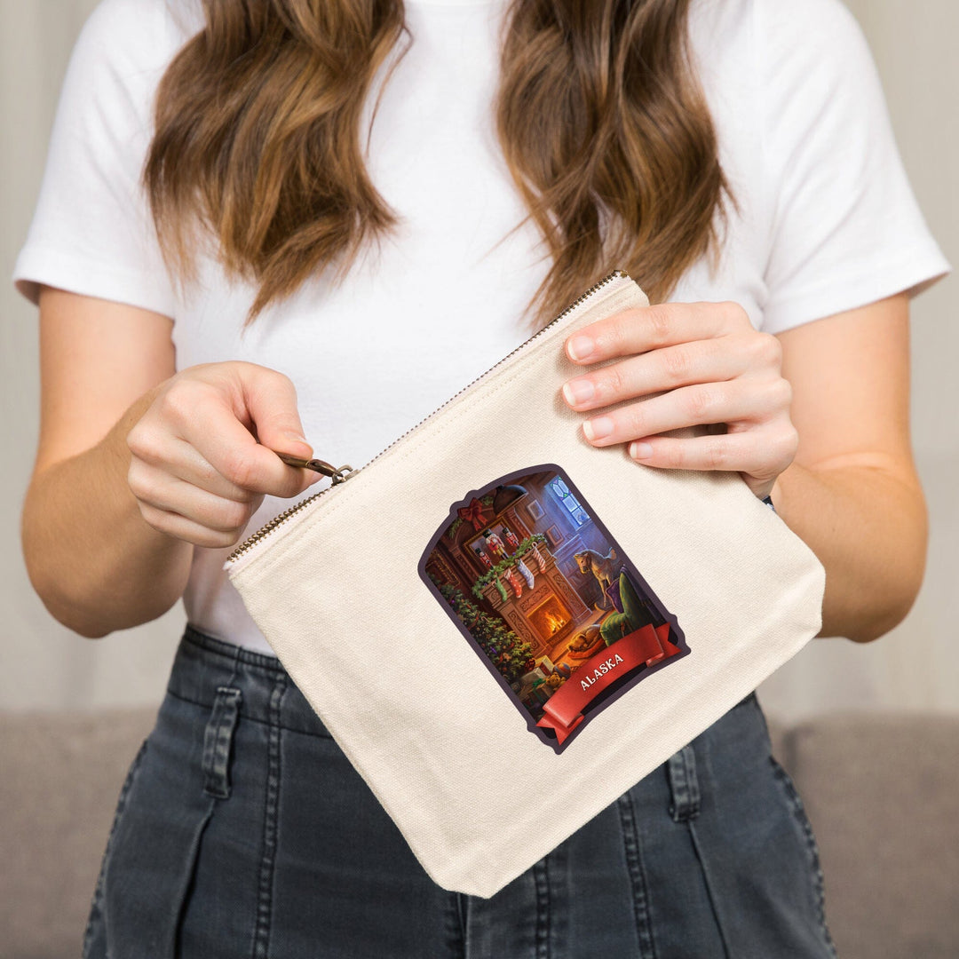 Alaska, Christmas Morning,, Organic Cotton Zipper Pouch, Go Bag Go Bag Lantern Press 