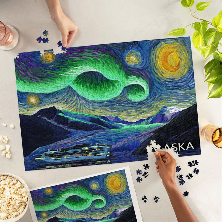 Alaska, Cruise Ship and Glacier, Starry Night, Jigsaw Puzzle Puzzle Lantern Press 