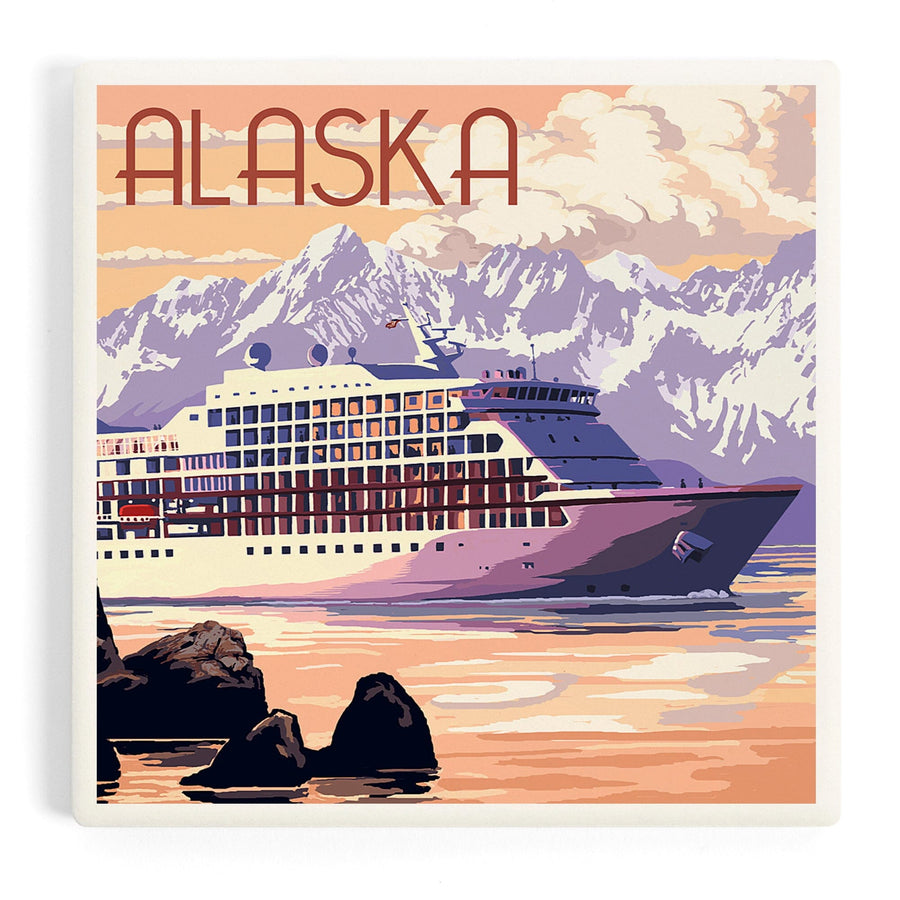 Alaska, Cruise Ship and Sunset, Coasters Coasters Lantern Press 