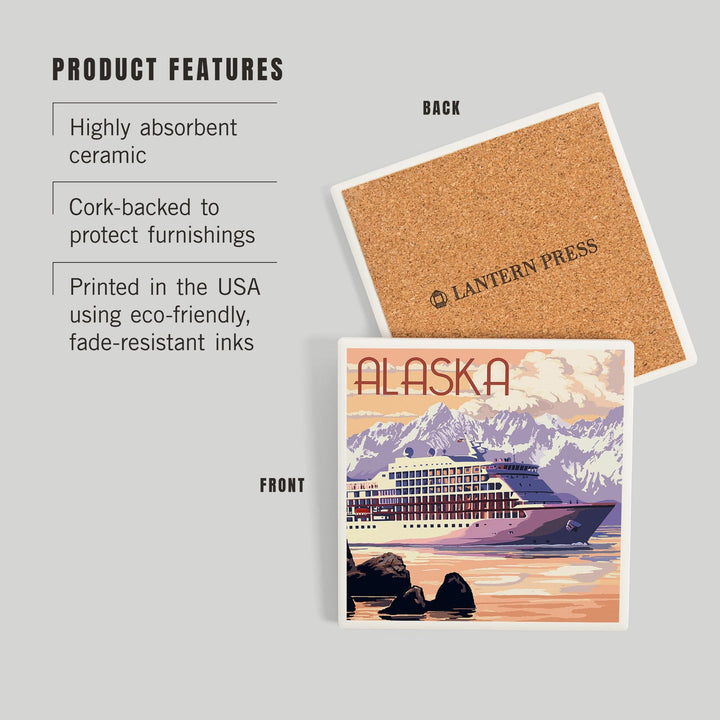 Alaska, Cruise Ship and Sunset, Coasters Coasters Lantern Press 