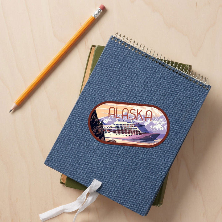 Alaska, Cruise Ship and Sunset, Contour, Vinyl Sticker Sticker Lantern Press 