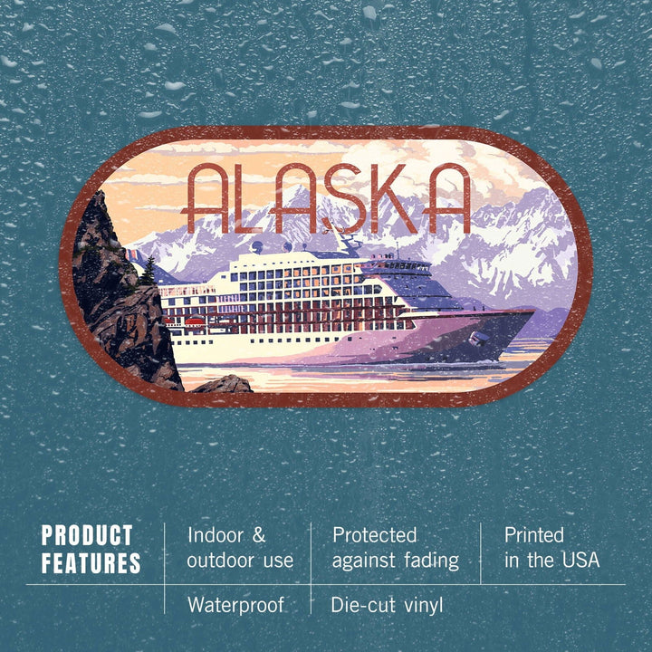 Alaska, Cruise Ship and Sunset, Contour, Vinyl Sticker Sticker Lantern Press 