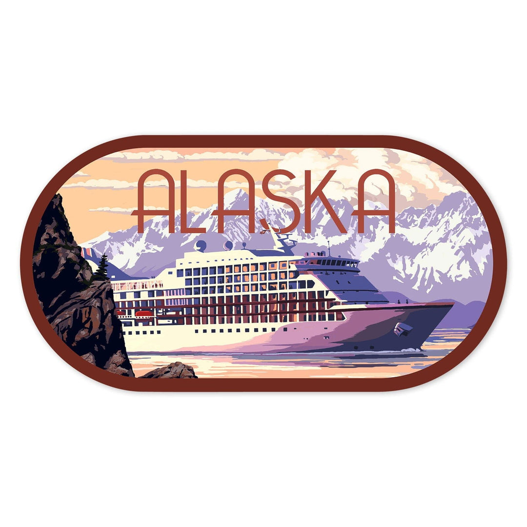 Alaska, Cruise Ship and Sunset, Contour, Vinyl Sticker Sticker Lantern Press 