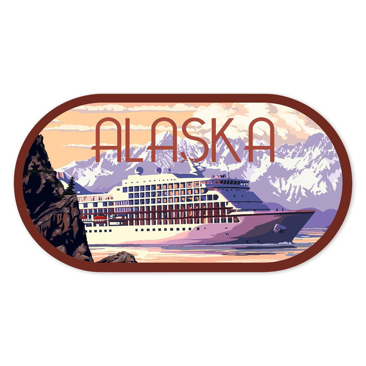 Alaska, Cruise Ship and Sunset, Contour, Vinyl Sticker Sticker Lantern Press 