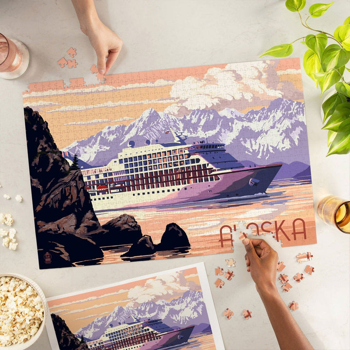 Alaska, Cruise Ship and Sunset, Jigsaw Puzzle Puzzle Lantern Press 