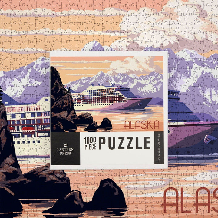 Alaska, Cruise Ship and Sunset, Jigsaw Puzzle Puzzle Lantern Press 