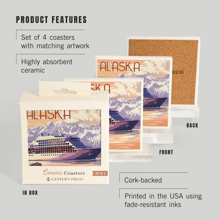 Alaska, Cruise Ship & Sunset, Lantern Press Artwork, Coaster Set Coasters Lantern Press 