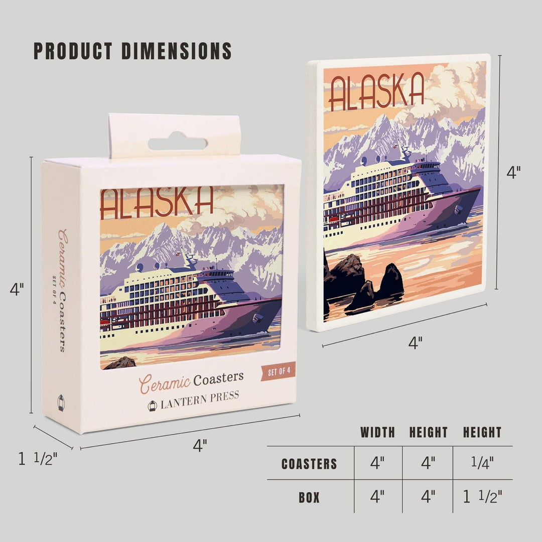 Alaska, Cruise Ship & Sunset, Lantern Press Artwork, Coaster Set Coasters Lantern Press 