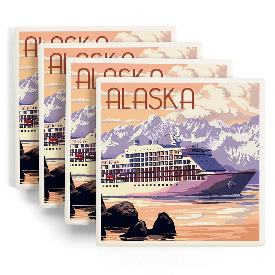 Alaska, Cruise Ship & Sunset, Lantern Press Artwork, Coaster Set Coasters Lantern Press 