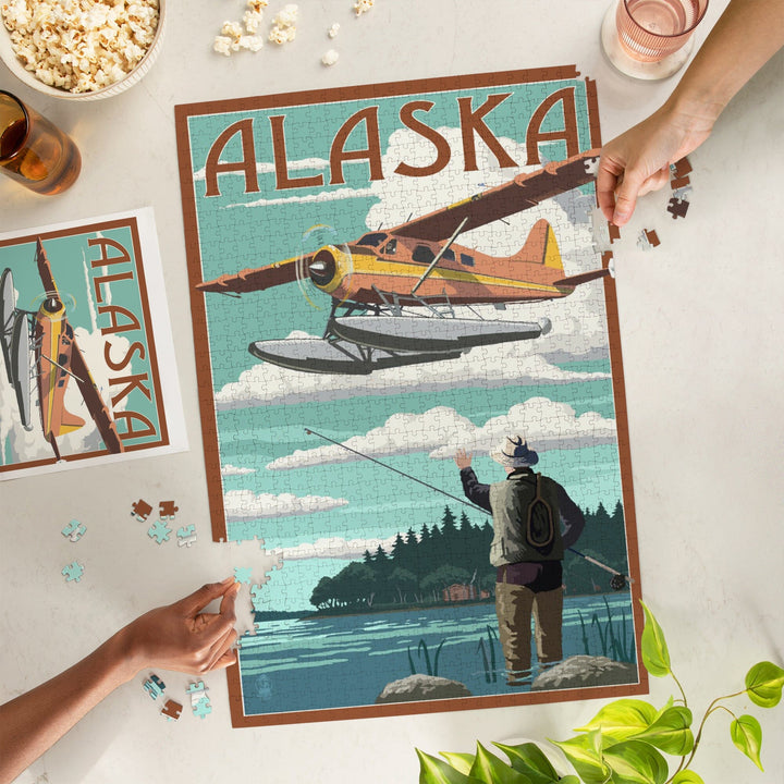 Alaska, Float Plane and Fisherman, Jigsaw Puzzle Puzzle Lantern Press 