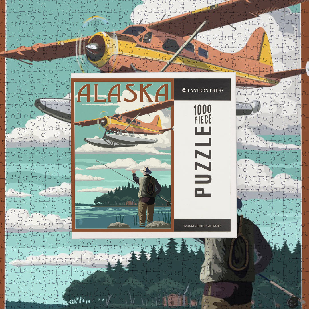 Alaska, Float Plane and Fisherman, Jigsaw Puzzle Puzzle Lantern Press 