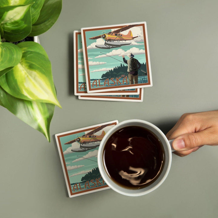 Alaska, Float Plane & Fisherman, Lantern Press Artwork, Coaster Set Coasters Lantern Press 