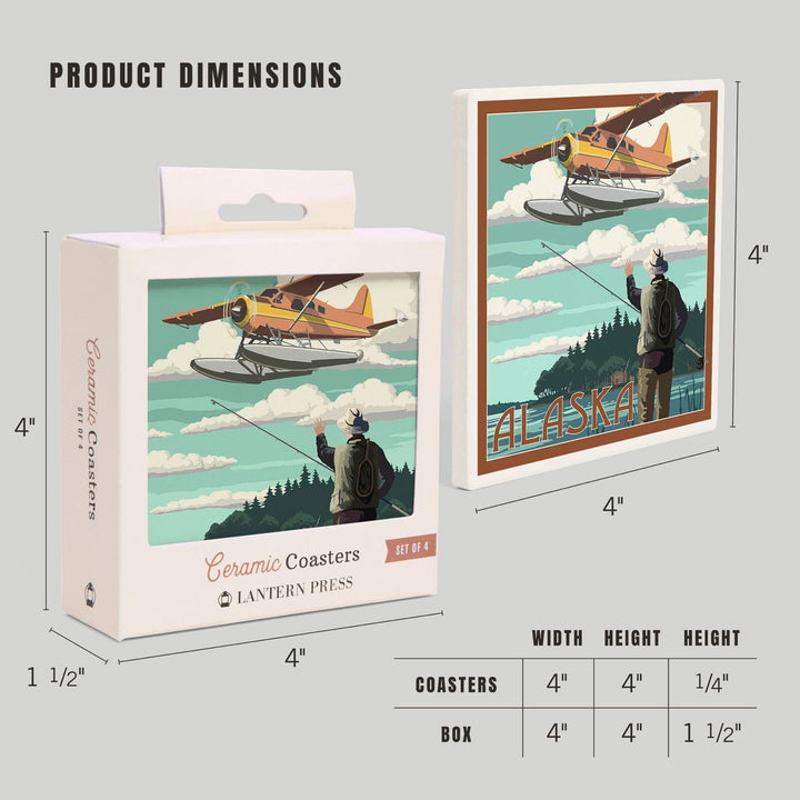 Alaska, Float Plane & Fisherman, Lantern Press Artwork, Coaster Set Coasters Lantern Press 