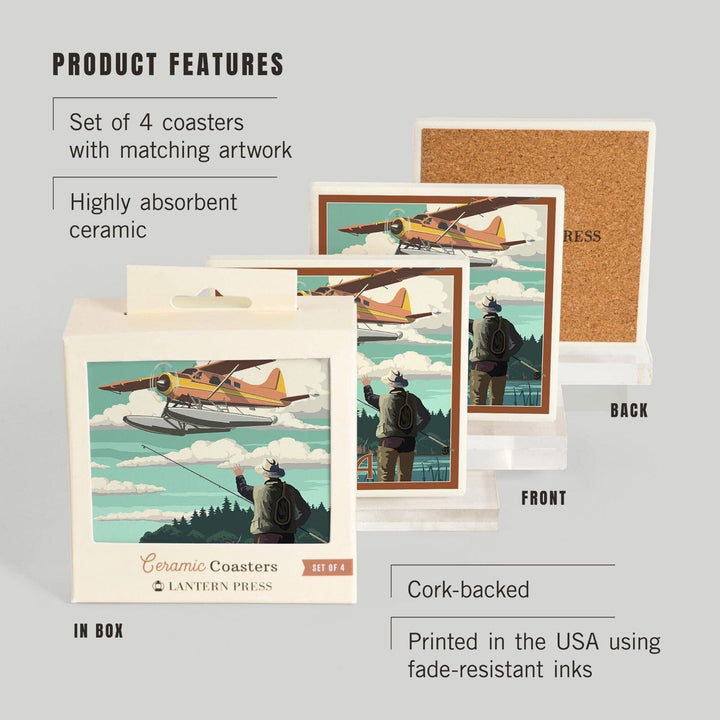 Alaska, Float Plane & Fisherman, Lantern Press Artwork, Coaster Set Coasters Lantern Press 