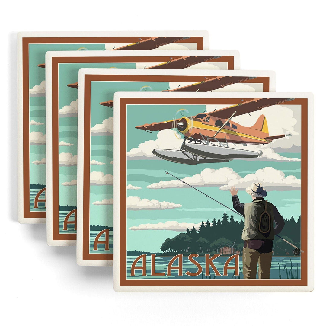 Alaska, Float Plane & Fisherman, Lantern Press Artwork, Coaster Set Coasters Lantern Press 