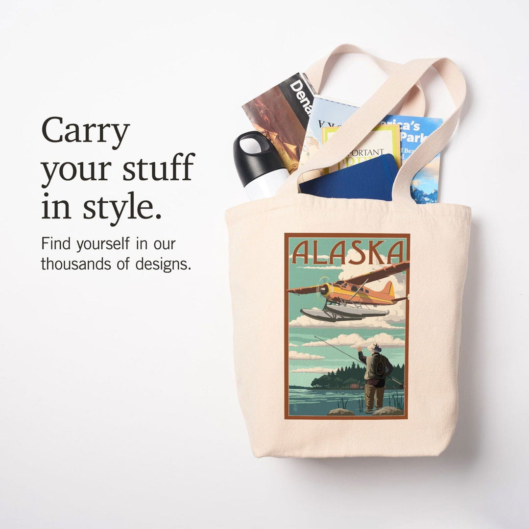 Alaska, Float Plane & Fisherman, Lantern Press Artwork, Tote Bag Totes Lantern Press 