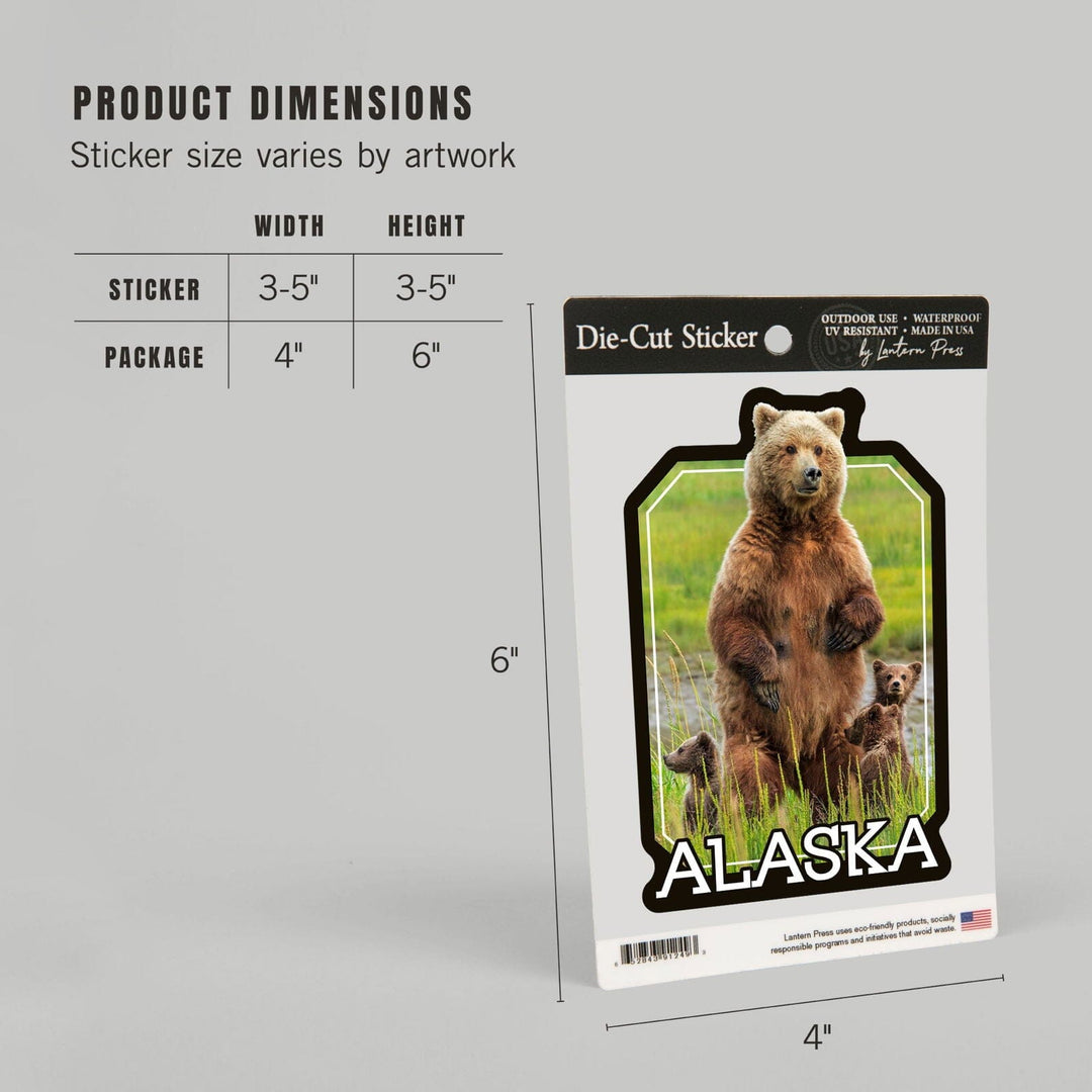 Alaska, Grizzly Bear and Cubs, Contour, Vinyl Sticker Sticker Lantern Press 