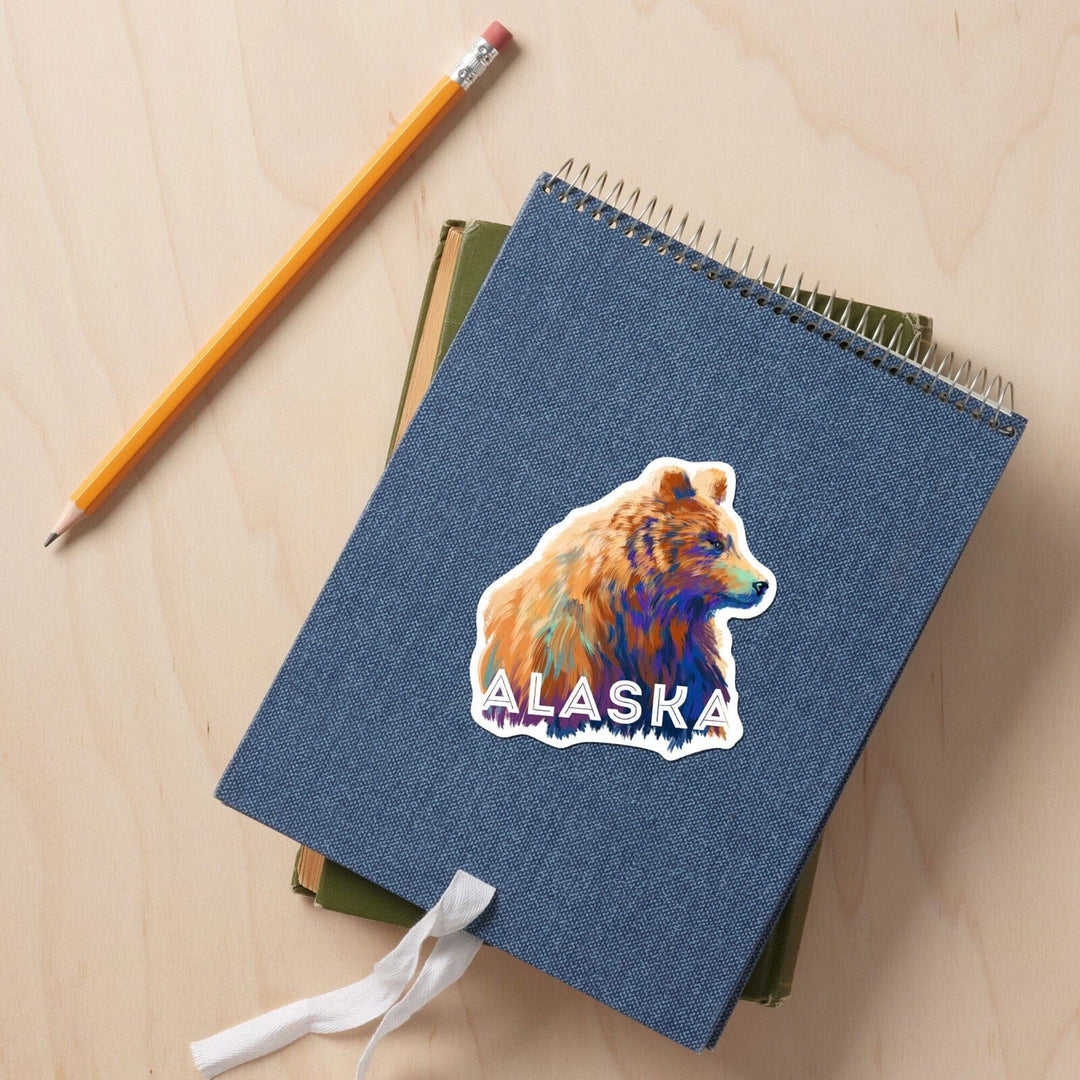 Alaska, Grizzly Bear, Vivid Watercolor, Contour, Lantern Press Artwork, Vinyl Sticker Sticker Lantern Press 