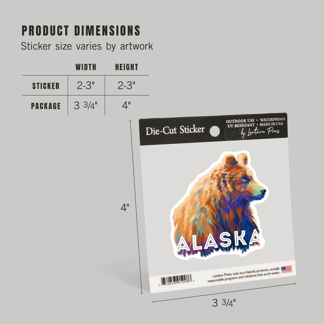 Alaska, Grizzly Bear, Vivid Watercolor, Contour, Lantern Press Artwork, Vinyl Sticker Sticker Lantern Press 