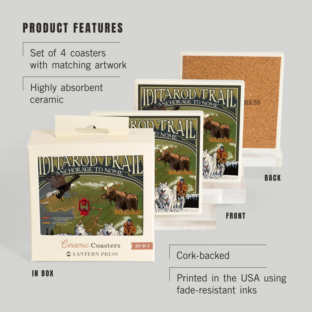 Alaska, Iditarod Trail Topographic Map, Coasters Coasters Lantern Press 