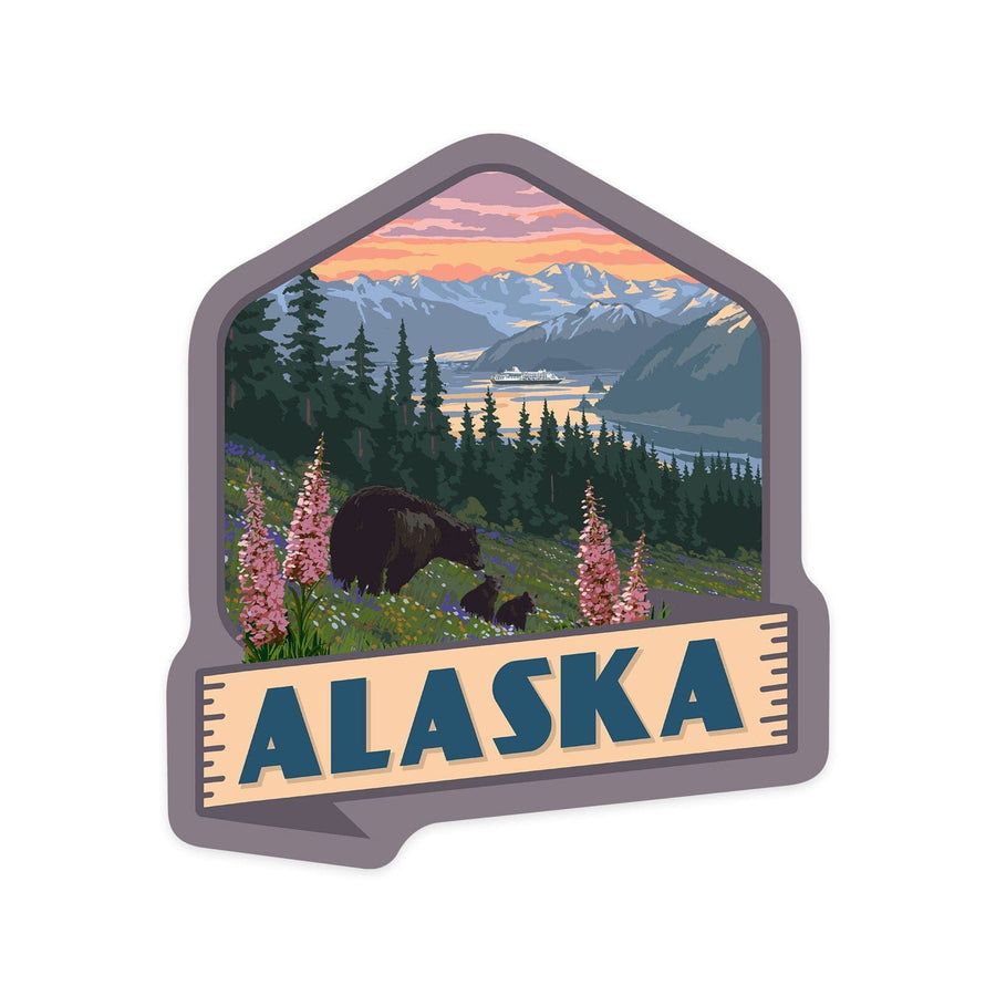 Alaska, Inside Passage, Bear and Spring Flowers, Contour, Vinyl Sticker Sticker Lantern Press 