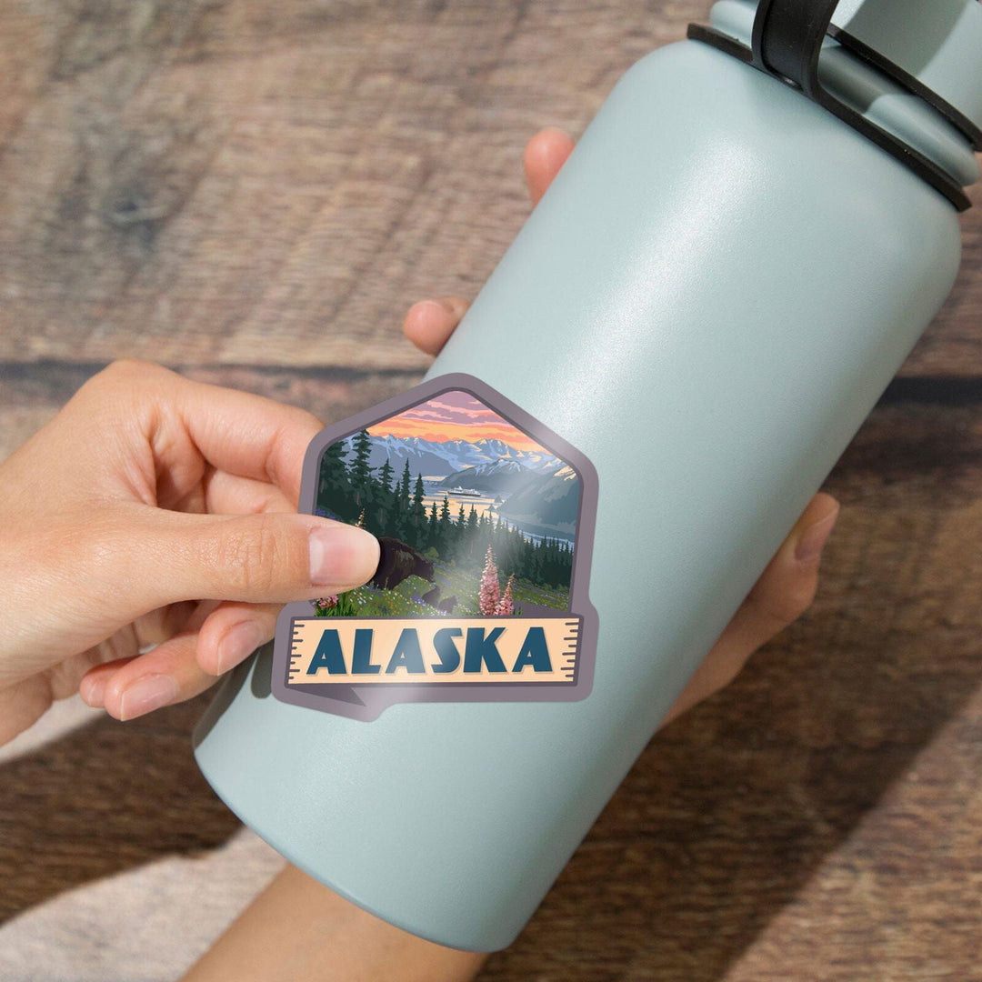 Alaska, Inside Passage, Bear and Spring Flowers, Contour, Vinyl Sticker Sticker Lantern Press 