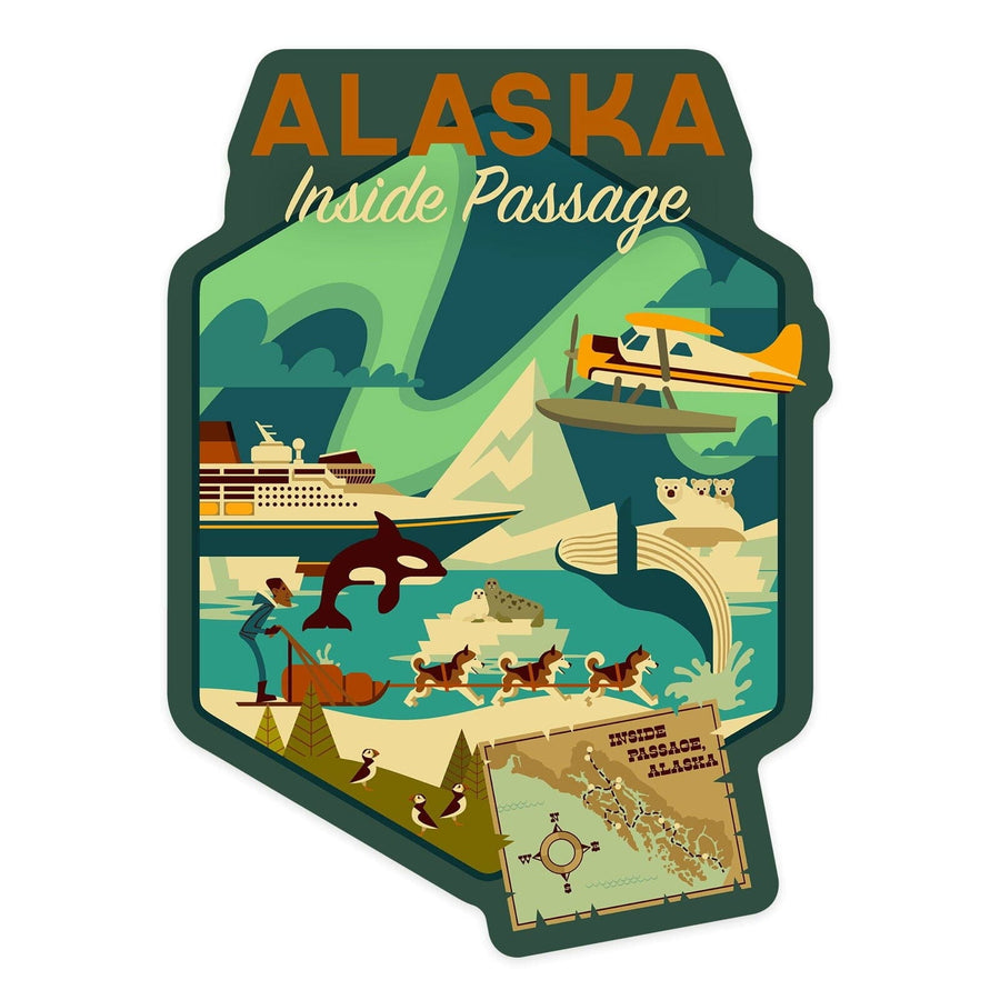 Alaska, Inside Passage, Geometric, Contour, Lantern Press Artwork, Vinyl Sticker Sticker Lantern Press 