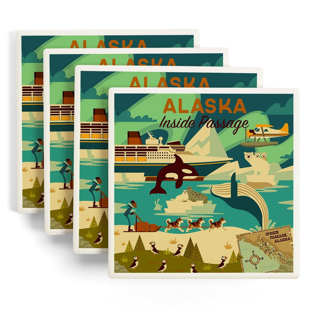 Alaska, Inside Passage, Geometric, Lantern Press Artwork, Coaster Set Coasters Lantern Press 