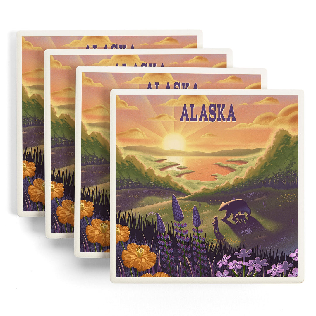 Alaska, Lithograph, Bear and Spring Flowers, Lake, Coasters Coasters Lantern Press 