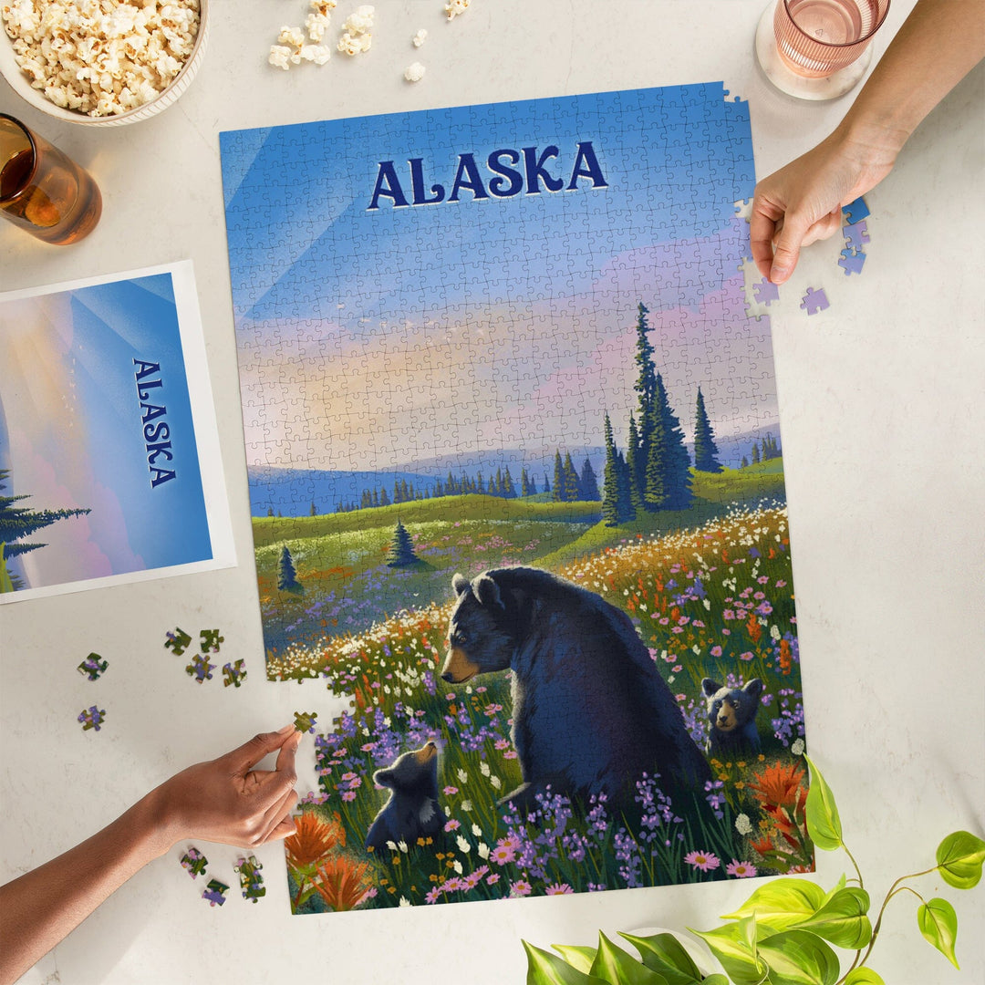 Alaska, Lithograph, Bear Family in Field, Jigsaw Puzzle Puzzle Lantern Press 
