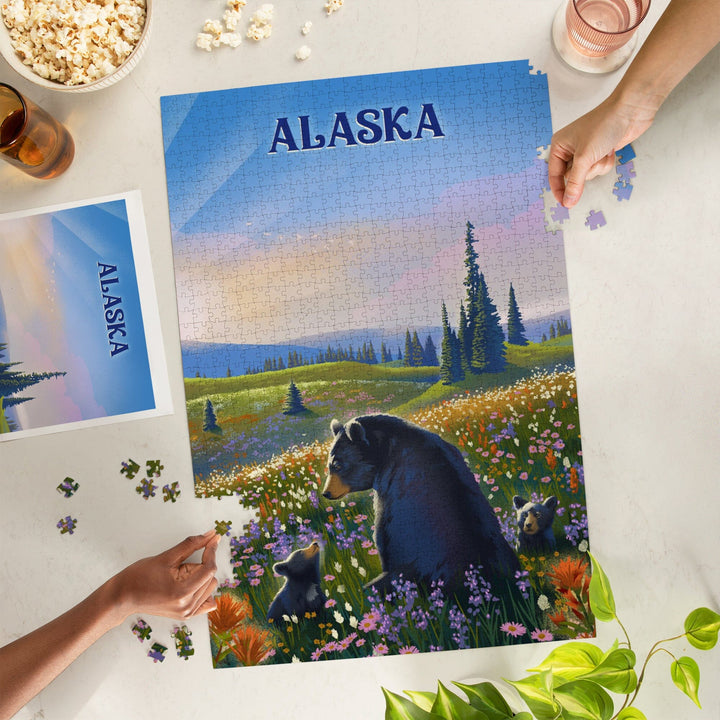Alaska, Lithograph, Bear Family in Field, Jigsaw Puzzle Puzzle Lantern Press 