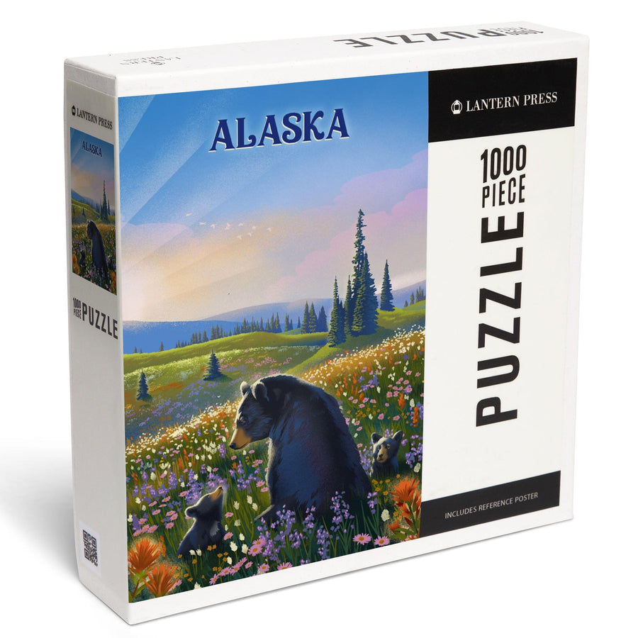 Alaska, Lithograph, Bear Family in Field, Jigsaw Puzzle Puzzle Lantern Press 