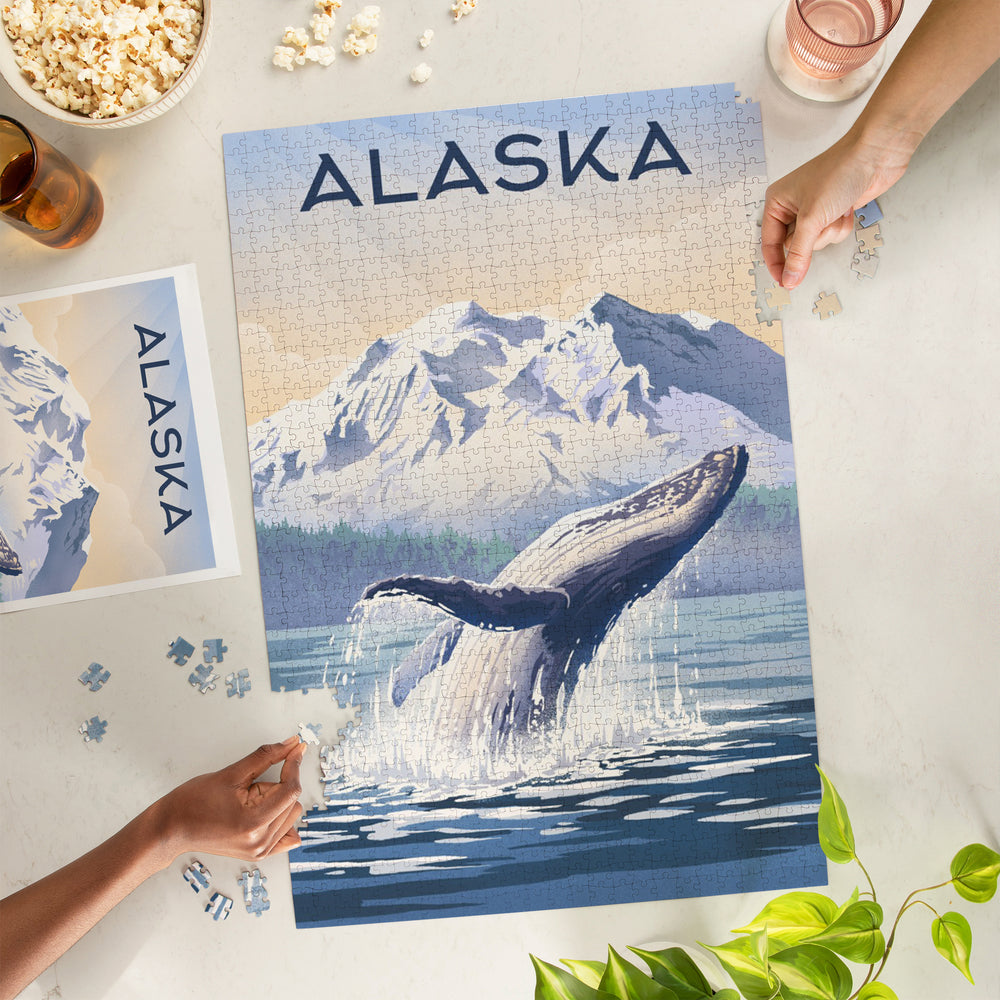 Alaska, Lithograph, Breaching Humpback Whale, Jigsaw Puzzle Puzzle Lantern Press 