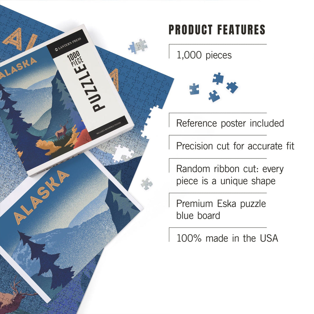 Alaska, Lithograph, Elk and Mountains Scene, Jigsaw Puzzle Puzzle Lantern Press 