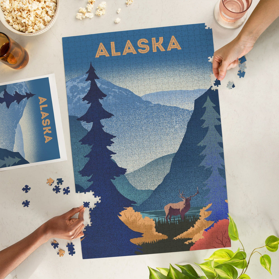 Alaska, Lithograph, Elk and Mountains Scene, Jigsaw Puzzle Puzzle Lantern Press 