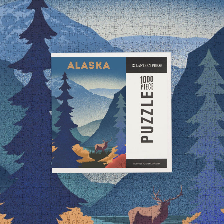 Alaska, Lithograph, Elk and Mountains Scene, Jigsaw Puzzle Puzzle Lantern Press 
