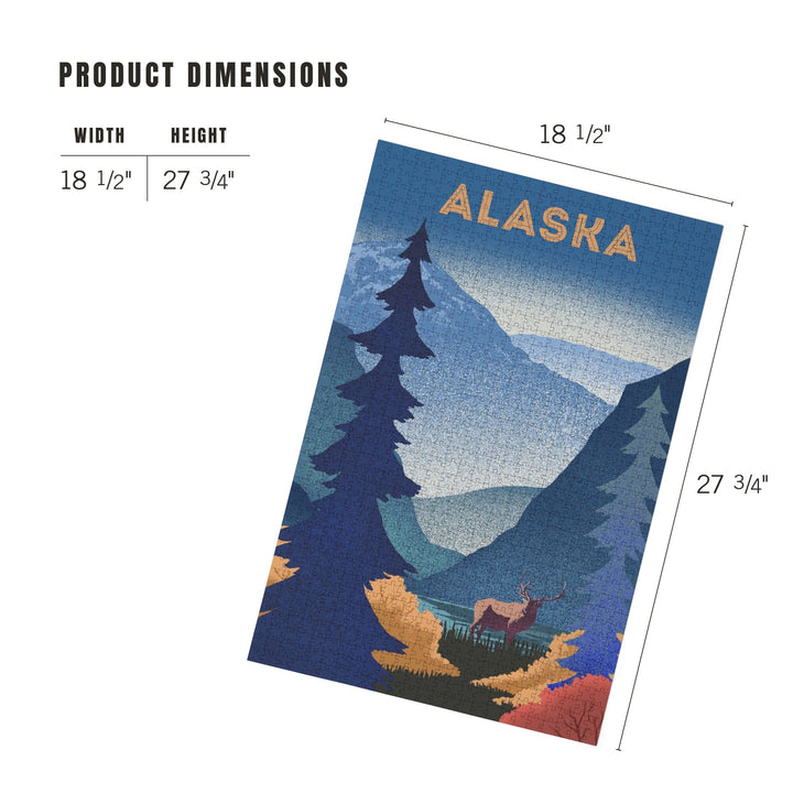 Alaska, Lithograph, Elk and Mountains Scene, Jigsaw Puzzle Puzzle Lantern Press 