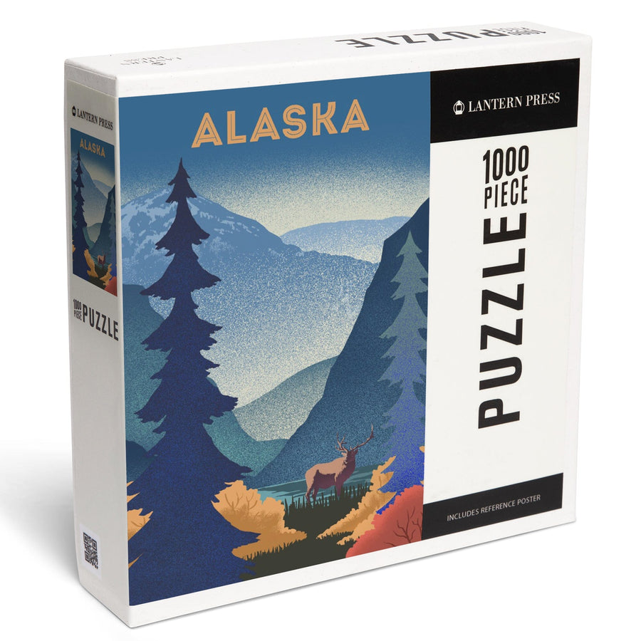 Alaska, Lithograph, Elk and Mountains Scene, Jigsaw Puzzle Puzzle Lantern Press 