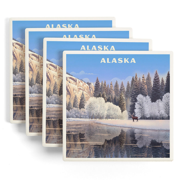 Alaska, Lithograph, Lone Deer By Snowy Lake, Coasters Coasters Lantern Press 